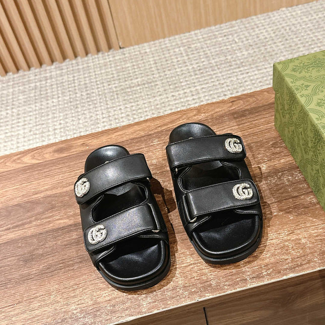 GUCCI 26S DOUBLE-STRAP SANDALS IN BLACK CALFSKIN