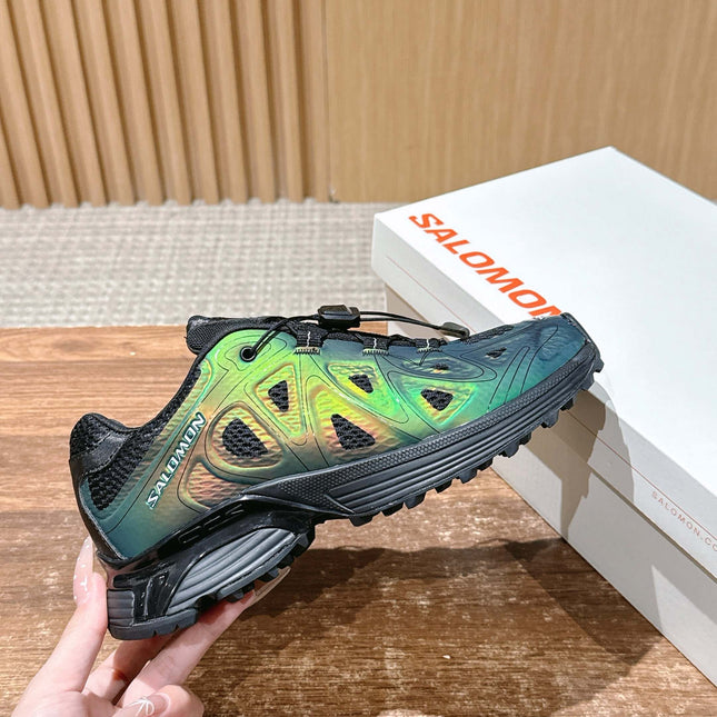 ALO 25S SALOMON XT WHISPER IN BLACK MESH FABRIC AND GREEN LAMBSKIN