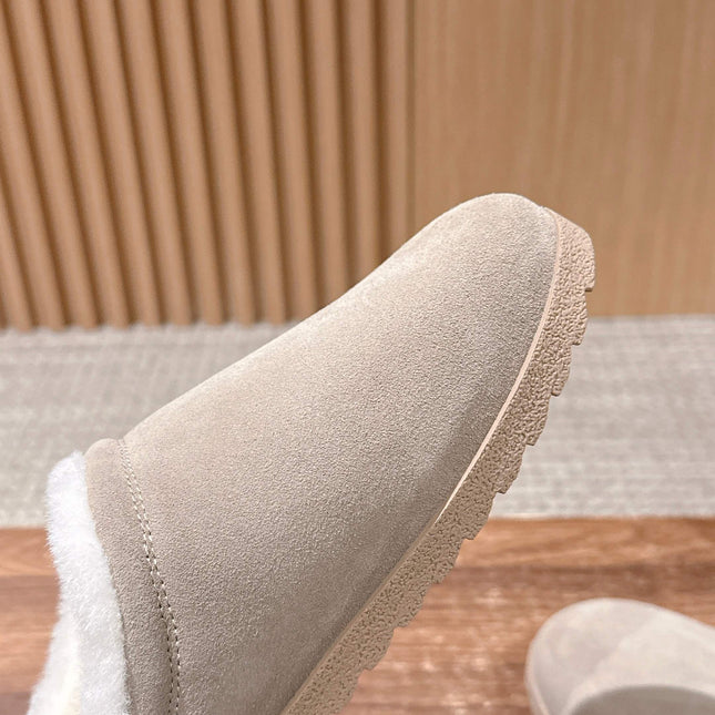 ALO 25S BIRKENSTOCK CLOGS IN LIGHT GREY SUEDE AND WHITE WOOL