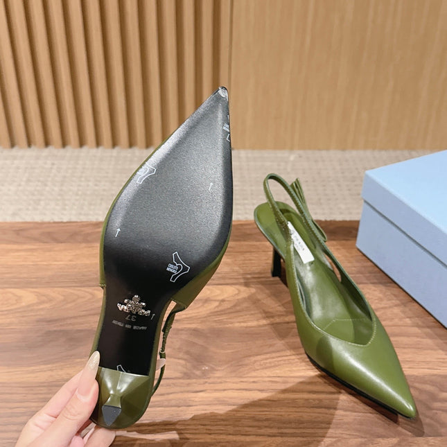 PRADA 26S SLINGBACK PUMPS IN OLIVE GREEN CALFSKIN