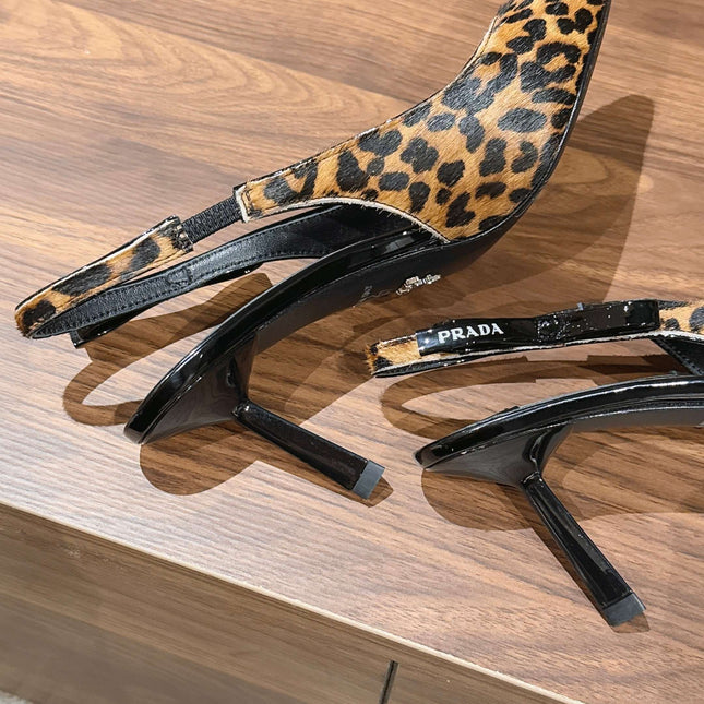 PRADA 26S SLINGBACK POINTED HEELS IN LEOPARD PRINT PONY HAIR