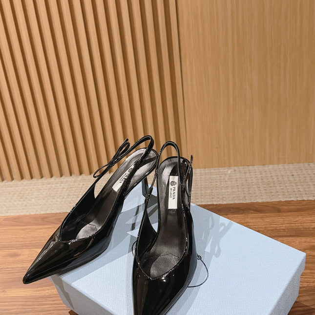 PRADA 26S SLINGBACK PUMPS IN BLACK PATENT CALFSKIN