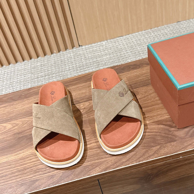 LP 26S CROSS STRAP SLIDES SANDAL IN OLIVE BROWN SUEDE