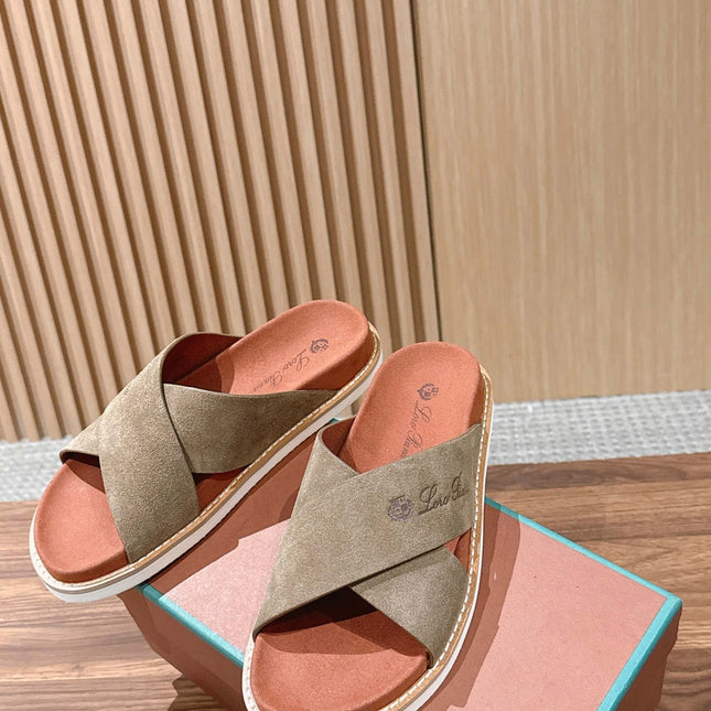 LP 26S CROSS STRAP SLIDES SANDAL IN OLIVE BROWN SUEDE
