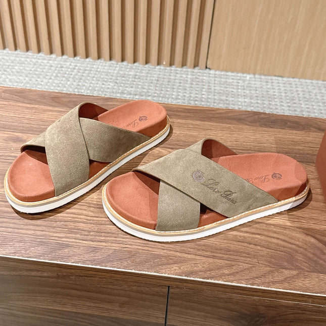 LP 26S CROSS STRAP SLIDES SANDAL IN OLIVE BROWN SUEDE