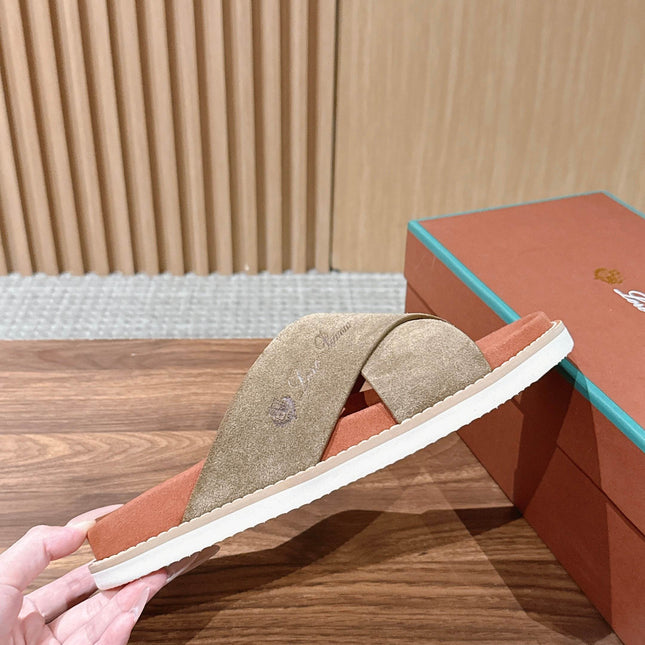 LP 26S CROSS STRAP SLIDES SANDAL IN OLIVE BROWN SUEDE