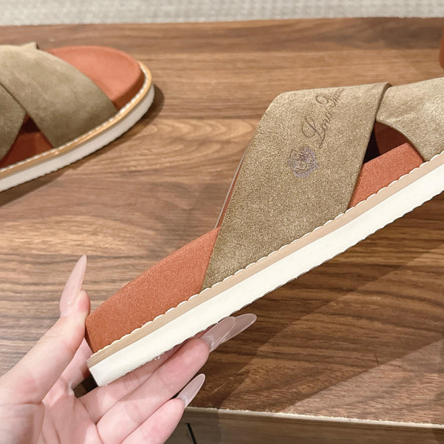 LP 26S CROSS STRAP SLIDES SANDAL IN OLIVE BROWN SUEDE