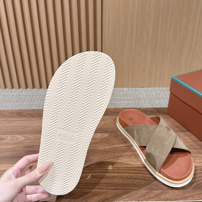 LP 26S CROSS STRAP SLIDES SANDAL IN OLIVE BROWN SUEDE