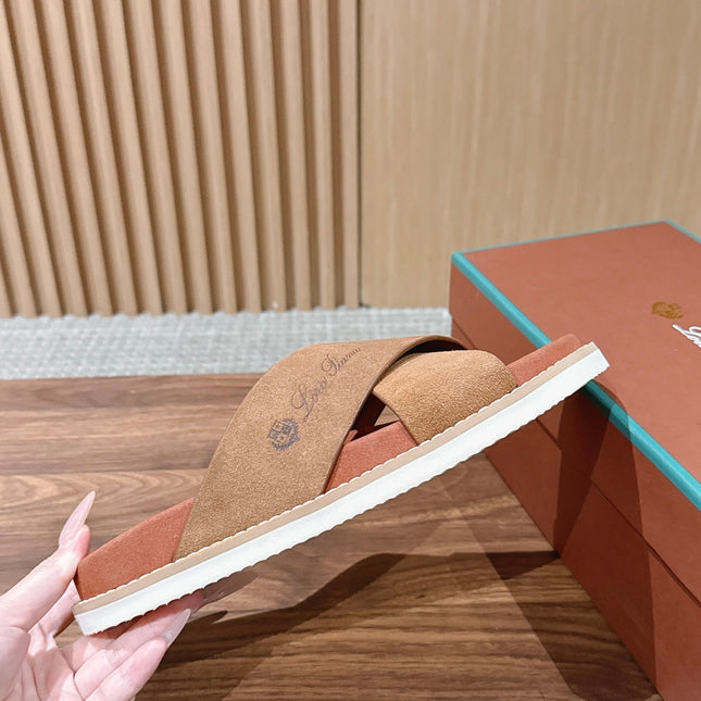 LP 26S CROSS STRAP SLIDES SANDAL IN BROWN SUEDE