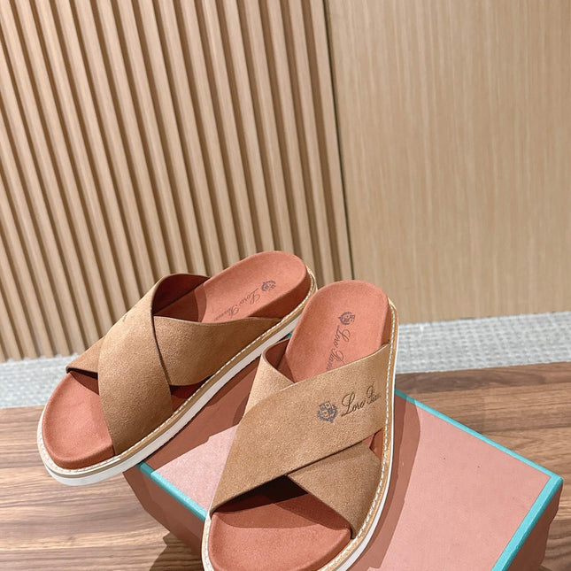LP 26S CROSS STRAP SLIDES SANDAL IN BROWN SUEDE