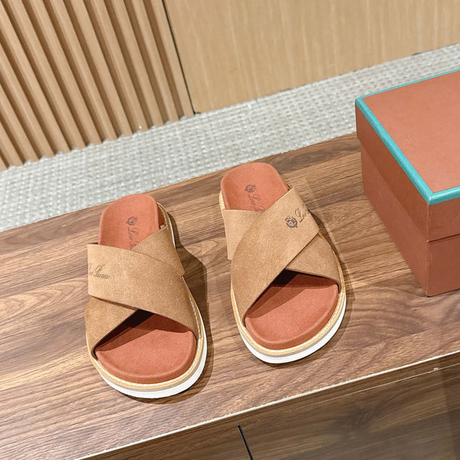 LP 26S CROSS STRAP SLIDES SANDAL IN BROWN SUEDE