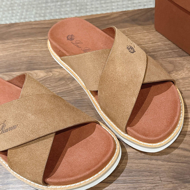 LP 26S CROSS STRAP SLIDES SANDAL IN BROWN SUEDE