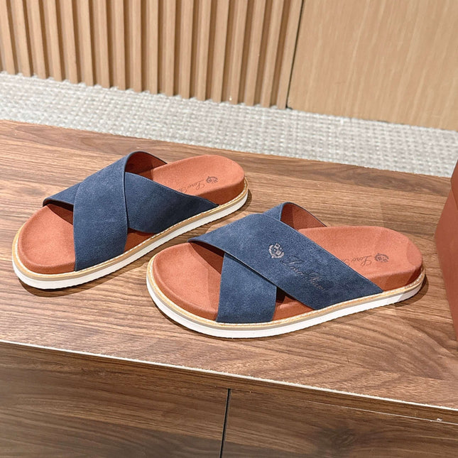 LP 26S CROSS STRAP SLIDES SANDAL IN NAVY BLUE SUEDE
