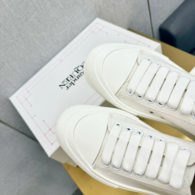 ALEXANDER MCQUEEN DECK PLIMSOLL SNEAKERS IN WHITE CANVAS