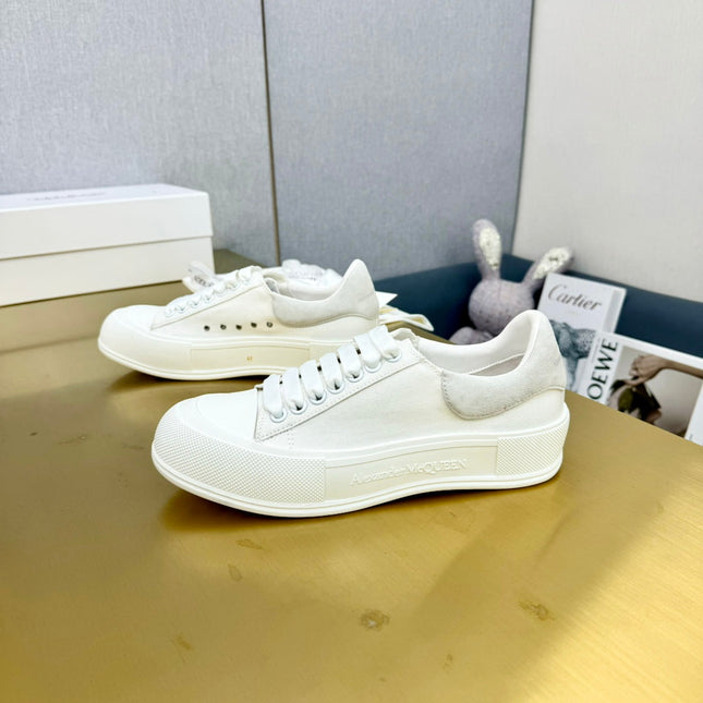 ALEXANDER MCQUEEN DECK PLIMSOLL SNEAKERS IN WHITE CANVAS