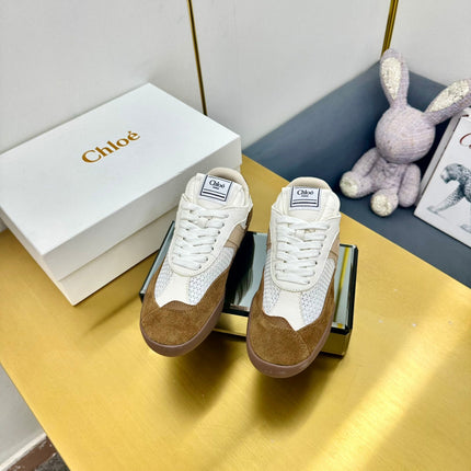 CHLOE 26S SKATE SNEAKERS IN WHITE MESH AND BROWN SUEDE