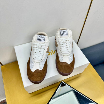 CHLOE 26S SKATE SNEAKERS IN WHITE MESH AND BROWN SUEDE