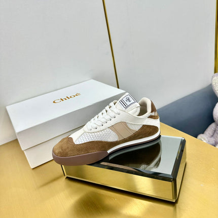 CHLOE 26S SKATE SNEAKERS IN WHITE MESH AND BROWN SUEDE