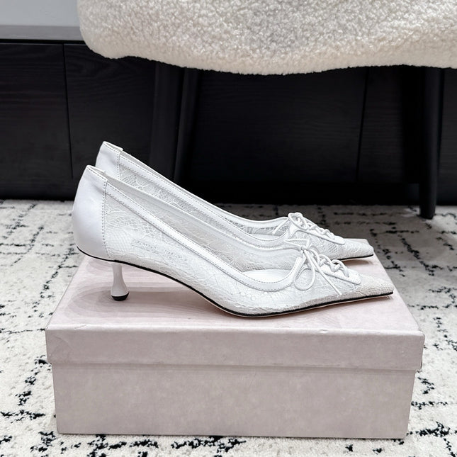 JIMMY CHOO 26S LACE-UP HIGH HEELS 45 MM IN WHITE LACE FABRIC