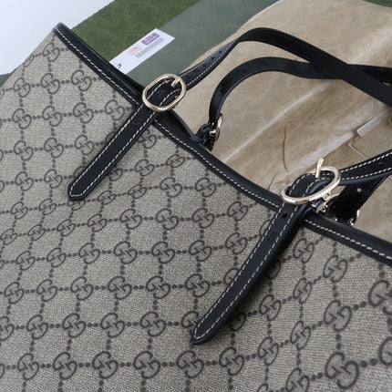 GUCCI 26S TOTE BAG 38 IN BEIGE CANVAS BLACK CALFSKIN TRIM