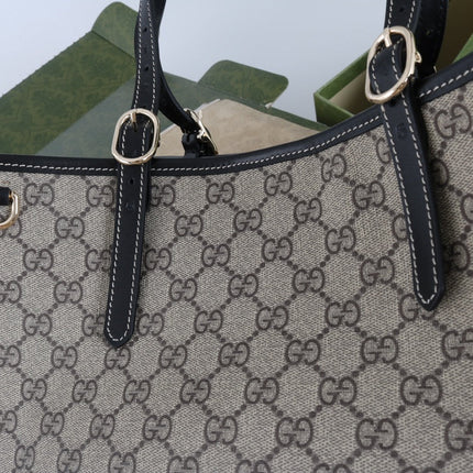 GUCCI 26S TOTE BAG 38 IN BEIGE CANVAS BLACK CALFSKIN TRIM