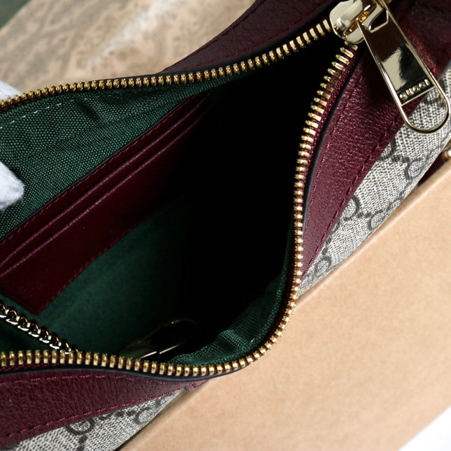 GUCCI 26S SHOULDER BAG 23 IN BEIGE CANVAS AND DARK RED CALFSKIN STRAP