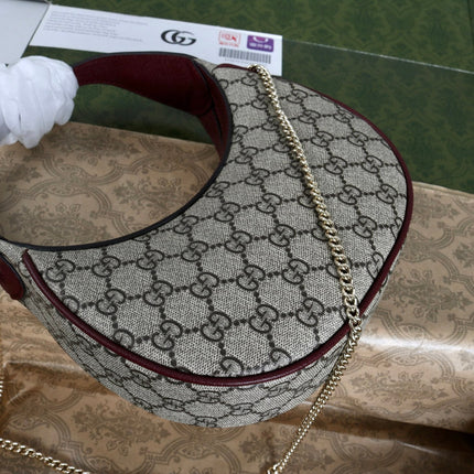 GUCCI 26S SHOULDER BAG 23 IN BEIGE CANVAS AND DARK RED CALFSKIN STRAP