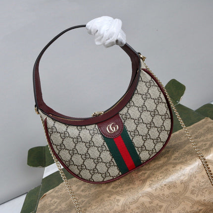GUCCI 26S SHOULDER BAG 23 IN BEIGE CANVAS AND DARK RED CALFSKIN STRAP