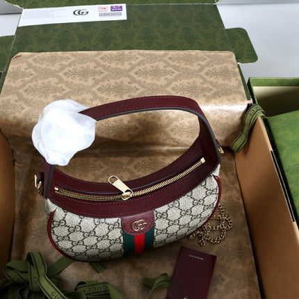 GUCCI 26S SHOULDER BAG 23 IN BEIGE CANVAS AND DARK RED CALFSKIN STRAP