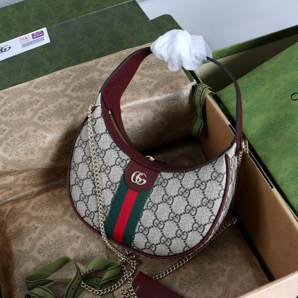 GUCCI 26S SHOULDER BAG 23 IN BEIGE CANVAS AND DARK RED CALFSKIN STRAP