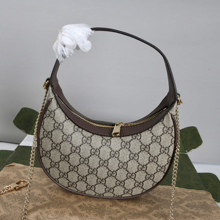 GUCCI 26S SHOULDER BAG 23 IN BEIGE CANVAS AND DARK BROWN CALFSKIN STRAP