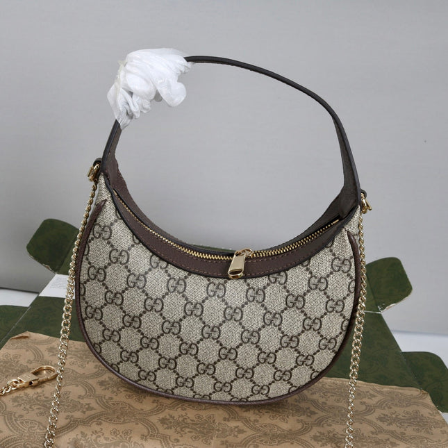 GUCCI 26S SHOULDER BAG 23 IN BEIGE CANVAS AND DARK BROWN CALFSKIN STRAP
