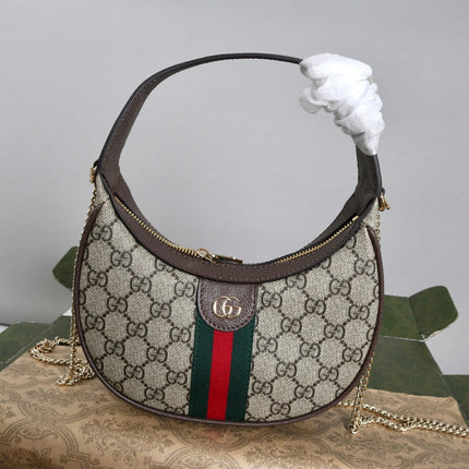 GUCCI 26S SHOULDER BAG 23 IN BEIGE CANVAS AND DARK BROWN CALFSKIN STRAP