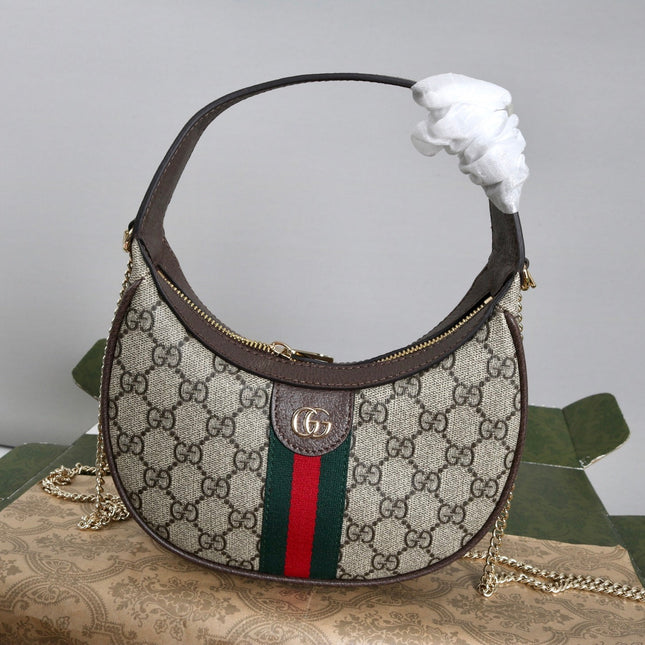 GUCCI 26S SHOULDER BAG 23 IN BEIGE CANVAS AND DARK BROWN CALFSKIN STRAP