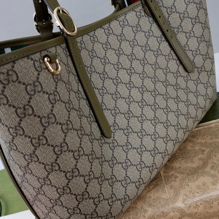GUCCI 26S TOTE BAG 38 IN OLIVE GREEN CANVAS AND CALFSKIN TRIM