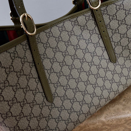 GUCCI 26S TOTE BAG 38 IN OLIVE GREEN CANVAS AND CALFSKIN TRIM