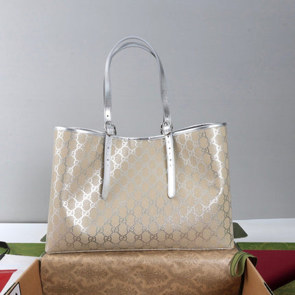 GUCCI 26S TOTE BAG 38 IN BEIGE CANVAS  METALLIC LEATHER TRIM