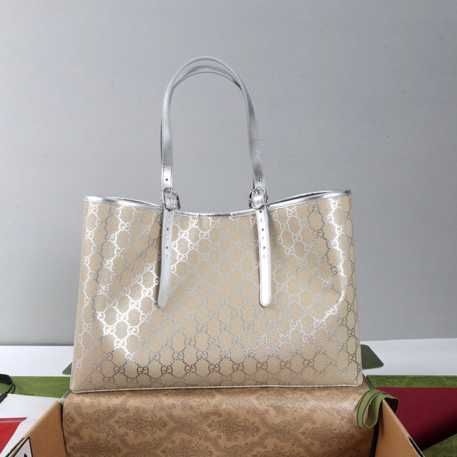 GUCCI 26S TOTE BAG 38 IN BEIGE CANVAS  METALLIC LEATHER TRIM