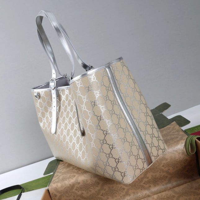 GUCCI 26S TOTE BAG 38 IN BEIGE CANVAS  METALLIC LEATHER TRIM