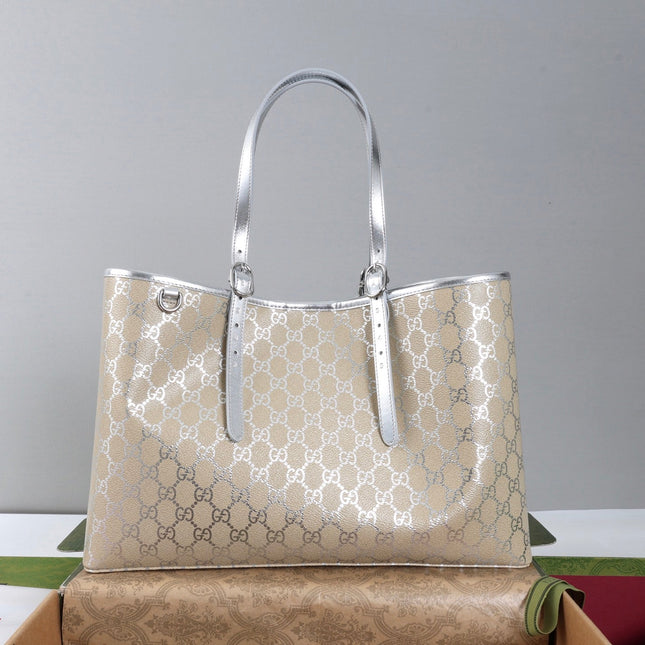 GUCCI 26S TOTE BAG 38 IN BEIGE CANVAS  METALLIC LEATHER TRIM