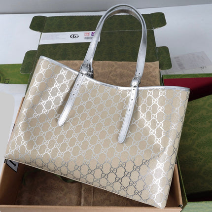 GUCCI 26S TOTE BAG 38 IN BEIGE CANVAS  METALLIC LEATHER TRIM