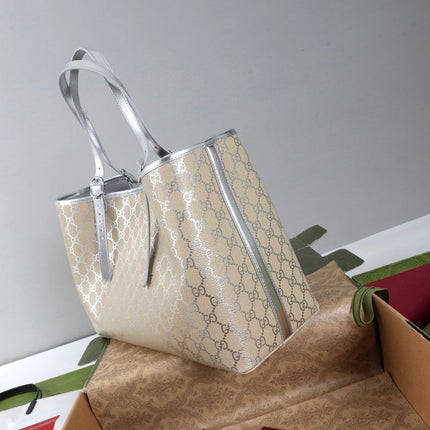 GUCCI 26S TOTE BAG 38 IN BEIGE CANVAS  METALLIC LEATHER TRIM
