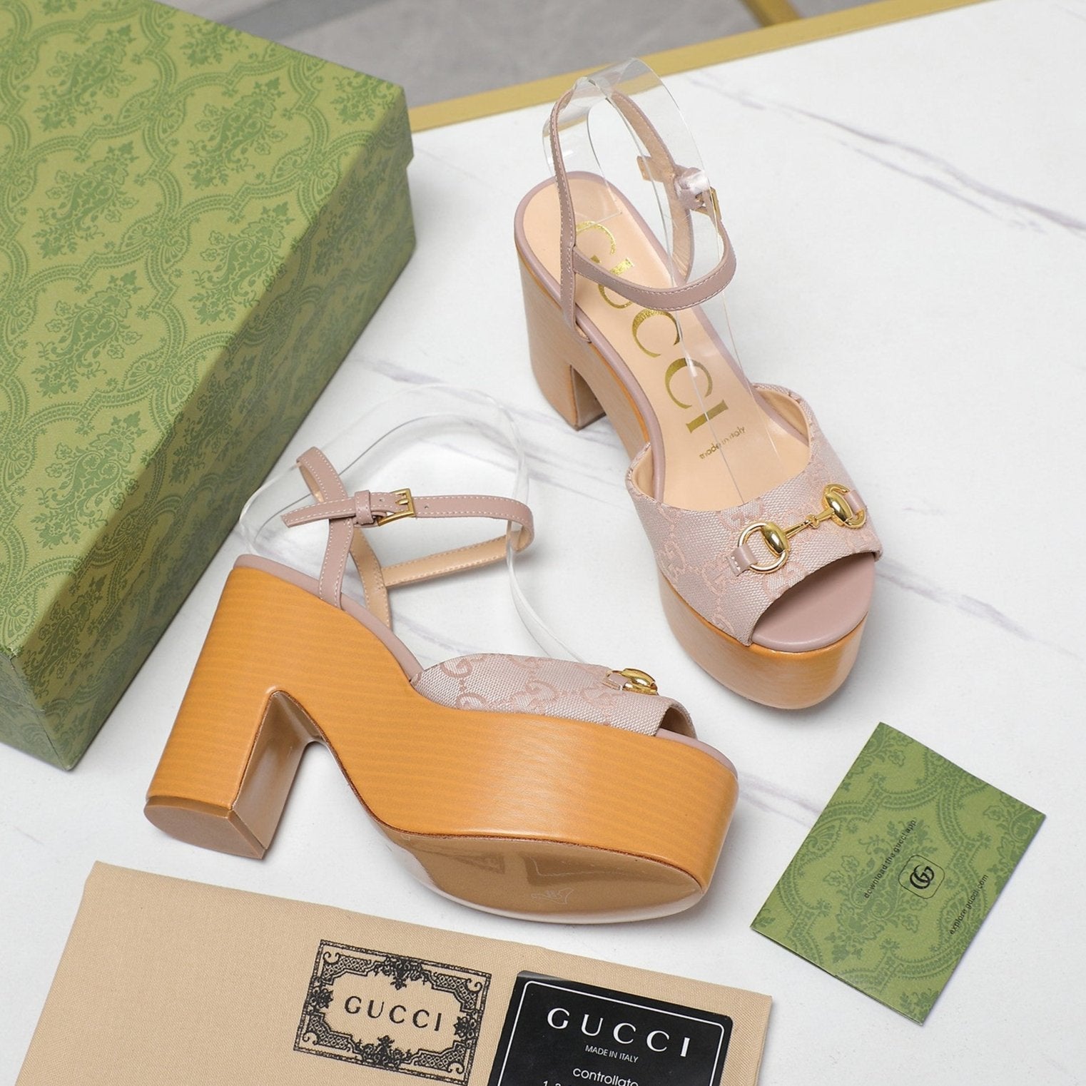 GG HORSEBIT WEDGE SANDAL IN LIGHT BEIGE MONOGRAM JACQUARD FABRIC AND SHEEPSKIN LINING