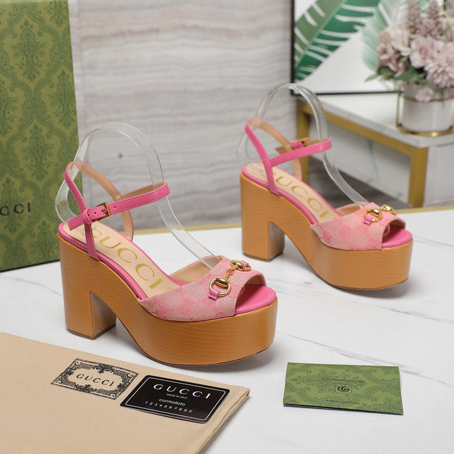 GG HORSEBIT WEDGE SANDAL IN PINK MONOGRAM JACQUARD FABRIC AND SHEEPSKIN LINING
