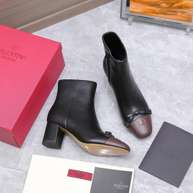 VALENTINO 25S VALET DU ROI ANKLE BOOTS 60 MM IN BLACK MIX DARK BROWN CALFSKIN WITH BOW