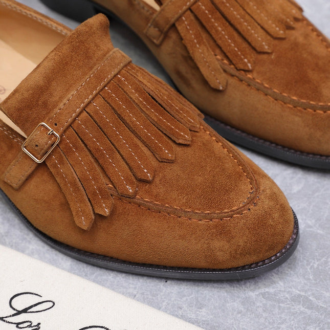 LP 26S SERGIO TASSEL LOAFERS IN CARAMEL BROWN SUEDE GOLD HARDWARE