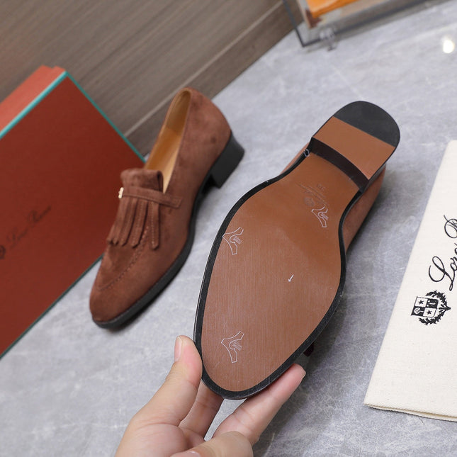 LP 26S SERGIO TASSEL LOAFERS IN CHOCOLATE BROWN SUEDE GOLD HARDWARE