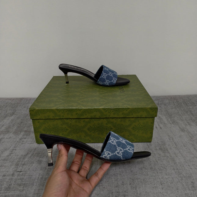 GUCCI 26S MULE SANDALS 55MM IN BLUE GG DENIM