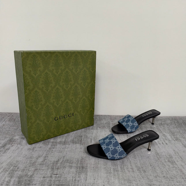 GUCCI 26S MULE SANDALS 55MM IN BLUE GG DENIM