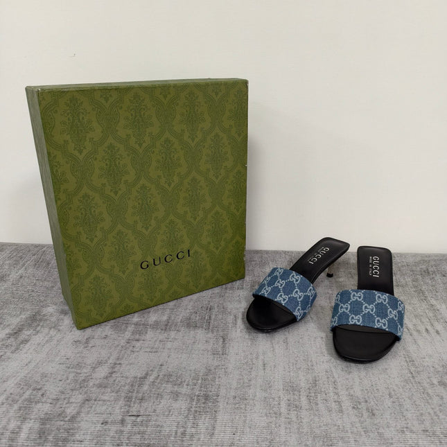 GUCCI 26S MULE SANDALS 55MM IN BLUE GG DENIM